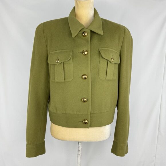 Vintage Olive Green Wool Blend Cropped Jacket Women’s Sz 8 Gold Button Military - Picture 14 of 16
